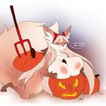  anthro big_breasts breasts canine dialogue english_text eyewear female food fruit glasses kneeling looking_at_viewer mammal nude pumpkin sketch smile solo suggestive text voluptuous yogoat 