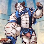  2017 3_toes 4_ears 5_fingers abs anthro anthrofied armband balls biceps big_claws biped black_horn blue_bottomwear blue_clothing blue_footwear blue_gloves blue_shoes brown_claws brown_fur brown_nose brown_stripes charr cheek_tuft claws clothed clothing digital_media_(artwork) erection fangs feline fingerless_gloves footwear front_view fur glans gloves guild_wars hi_res horn humanoid_penis istani loincloth looking_at_viewer male mammal multi_ear multicolored_fur muscular muscular_male navel pecs penis pink_penis pink_tongue poking_out quads shoes solo step_pose striped_fur stripes toe_claws toeless_shoes toes tongue tongue_out tuft two_tone_fur video_games white_balls white_fur yellow_eyes 
