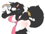  2017 anthro apron big_breasts black_fur black_hair breasts butt canine clothing digital_media_(artwork) dog female fur hair looking_back mammal multicolored_fur sia_(ebonycrowned) side_boob smile solo standing tail_ring two_tone_fur voluptuous white_fur wolf yellow_eyes yogoat 