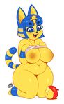 animal_crossing ankha anthro areola big_breasts blue_eyes blue_hair bluesh breasts cat daxzor deep_navel egyptian exotic_pupils eyelashes fangs feline female food fruit fur hair hand_on_breast happy headdress mammal multicolored_fur multicolored_hair navel nintendo open_mouth short_stack simple_background slightly_chubby smile thick_thighs tongue video_games yellow_fur 