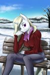  anthro blonde_hair clothing coat d-lowell equine fan_character female hair horn looking_at_viewer mammal mountain my_little_pony purple_eyes scarf sitting sky smile snow tree unicorn winter 