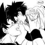  1girl artist_name carrying closed_eyes dragon_ball dragon_ball_z grandfather_and_granddaughter greyscale happy miiko_(drops7) monochrome noses_touching open_mouth outstretched_hand pan_(dragon_ball) short_hair simple_background smile son_gokuu white_background wristband 