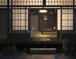  bookshelf bucket ceiling_light commentary_request door doora_(dora0913) electric_fan grass kotatsu night no_humans original plant pot potted_plant room scenery shouji sliding_doors table tatami veranda 