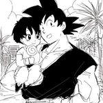  1girl black_eyes candy carrying cloud coconut_tree dougi dragon_ball dragon_ball_z food grandfather_and_granddaughter greyscale happy lollipop looking_away miiko_(drops7) monochrome open_mouth palm_tree pan_(dragon_ball) sky smile son_gokuu tree 