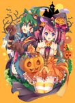  1girl :d :o ahoge alternate_costume animal_ears bat belt black_bow black_hat blue_eyes bow candy detached_collar eighth_note food gloves goggles goggles_on_head green_hair halloween halloween_basket hat hiiragi_yuzu holding_lantern jack-o'-lantern jacket kemonomimi_mode lantern looking_at_viewer multicolored_hair musical_note musical_note_print necktie open_mouth orange_background orange_bow orange_gloves orange_skirt paw_gloves paws pink_hair print_skirt pumpkin red_eyes red_hair red_neckwear rento_(rukeai) sakaki_yuuya short_hair skirt smile striped striped_legwear thighhighs tombstone witch_hat wolf_ears yuu-gi-ou yuu-gi-ou_arc-v 