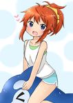  &gt;_&lt; :d absurdres bangs bare_arms bare_shoulders blue_eyes blue_shorts blush brown_hair commentary_request eyebrows_visible_through_hair hair_ornament hair_scrunchie head_tilt heart high_ponytail highres inflatable_dolphin inflatable_toy koshigaya_natsumi long_hair looking_at_viewer non_non_biyori open_mouth scrunchie shika_(s1ka) shirt shorts sidelocks sitting sitting_on_object sleeveless sleeveless_shirt smile solo straddling water_drop wet wet_hair white_shirt yellow_scrunchie 
