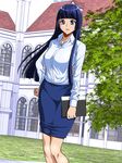  aoki_reika blue_eyes blue_hair breasts day hand_on_hip itachou large_breasts long_hair looking_at_viewer outdoors pencil_skirt precure skirt smile_precure! solo 
