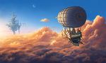  aircraft airship blue_sky cloud cloudy_sky commentary_request crescent_moon dirigible doora_(dora0913) fantasy floating_island moon multiple_moons no_humans original outdoors scenery sky star_(sky) starry_sky tower 