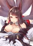  1girl akagi_(azur_lane) animal_ears ass azur_lane bangs bare_shoulders black_gloves blush breasts brown_hair cleavage closed_mouth commander_(azur_lane) commentary_request eyebrows_visible_through_hair fox_ears fox_tail girl_on_top gloves hakama_skirt hetero japanese_clothes large_breasts looking_at_viewer partial_commentary pleated_skirt red_eyes ribbon-trimmed_sleeves ribbon_trim sidelocks simple_background skirt smile solo_focus tail ten_piboshi white_background 