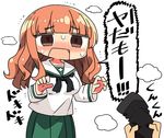  bangs blunt_bangs blush brown_hair chibi clothes_sniffing d: eyebrows_visible_through_hair girls_und_panzer green_skirt heavy_breathing kanikama long_hair long_sleeves lowres ooarai_school_uniform open_mouth orange_eyes out_of_frame pleated_skirt pov pov_hands sailor_collar school_uniform serafuku shirt shouting simple_background skirt smelling solo_focus standing sweat sweatdrop sweating_profusely takebe_saori translated trembling white_background white_shirt 