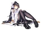 aiguillette azur_lane bangs black_footwear black_hair black_legwear blunt_bangs blush bow breasts commentary_request eyebrows_visible_through_hair full_body hair_bow hair_flaps highres katana knees_together_feet_apart knees_up legs loafers long_hair looking_at_viewer medium_breasts pantyhose parted_lips ponytail sheath sheathed shirokuma_a shoes sidelocks simple_background sitting solo sword takao_(azur_lane) thighband_pantyhose thighs very_long_hair weapon white_background white_bow yellow_eyes 