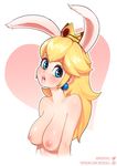  animal_ears blonde_hair blue_eyes breasts bunny_ears cum cum_in_mouth facial heart large_breasts long_hair looking_at_viewer mario_(series) neocoill nipples princess_peach simple_background solo super_mario_bros. topless white_background 