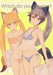  absurdres ancolatte_(onikuanco) animal_ears bikini blonde_hair blue_bikini blush breasts cleavage commentary_request english eyebrows_visible_through_hair ezo_red_fox_(kemono_friends) fox_ears fox_tail frilled_bikini frills front-tie_top highres holding holding_pillow kemono_friends long_hair looking_at_viewer medium_breasts multiple_girls navel orange_bikini orange_eyes pillow side-tie_bikini silver_fox_(kemono_friends) silver_hair swimsuit tail very_long_hair yellow_background 