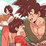  2girls basket black_eyes black_hair chi-chi_(dragon_ball) chinese_clothes closed_eyes cloud cloudy_sky day dougi dragon_ball dragon_ball_z grandfather_and_granddaughter grandmother_and_granddaughter happy looking_at_another miiko_(drops7) multiple_girls open_mouth pan_(dragon_ball) short_hair sky smile son_gokuu tied_hair 