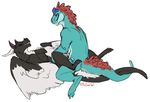  2016 anthro anthro_on_feral bestiality black_fur blue_scales claws countershading cum cum_in_pussy cum_inside dinosaur dragon duo entwined_tails eyes_closed feathered_wings feathers female feral fur furred_dragon grey_fur horn lying male male/female male_penetrating melthecannibal on_back penetration penis pussy red_eyes red_fur scales sex signature simple_background smile teeth toe_claws vaginal vaginal_penetration whiro white_background wings 