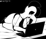  2018 ankh anthro bea_(nitw) bed black_and_white breasts clothed clothing computer crocodilian crop_top eyelashes female half-closed_eyes hand_on_face inside knee_socks laptop legwear lying midriff monochrome navel night_in_the_woods non-mammal_breasts on_bed on_side panties pinup pose reptile scales scalie sem-l-grim sharp_teeth shirt skimpy socks solo teeth underwear 