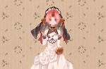  blue_eyes bridal_veil dress elbow_gloves fate/apocrypha fate/grand_order fate_(series) flower frankenstein's_monster_(fate) gloves hair_flower hair_ornament hair_over_eyes heterochromia highres horn light_smile looking_at_viewer miu12mi pink_hair short_hair solo veil wallpaper_(object) wedding_dress white_dress white_gloves yellow_eyes 