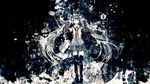  abstract bare_shoulders closed_eyes detached_sleeves floating_hair full_body hair_ornament hands_up hatsune_miku long_hair meola monochrome necktie pleated_skirt shirt skirt smile solo twintails very_long_hair vocaloid 
