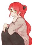  chuu commentary green_eyes looking_at_viewer ponytail pyrrha_nikos red_hair rwby solo sweater 