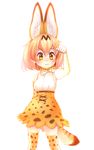  :3 absurdres ahoge animal_ears arm_up artist_name autumn_willey bare_shoulders belt blonde_hair blurry blush depth_of_field elbow_gloves extra_ears gloves hair_between_eyes high-waist_skirt highres kemono_friends light_smile paw_pose print_legwear print_neckwear print_skirt serval_(kemono_friends) serval_ears serval_print serval_tail short_hair simple_background skirt sleeveless solo tail thighhighs white_background yellow_eyes yellow_gloves yellow_neckwear yellow_skirt zettai_ryouiki 