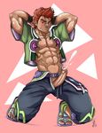  1boy abs blush erection foreskin full_body male_focus muscle penis presenting solo soul_calibur 