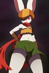  1girl animal_ears bare_legs breasts bunny_ears dragon_ball dragon_ball_super eric_lowery female furry gloves hat looking_at_viewer no_humans red_eyes red_scarf scarf shorts small_breasts smile sorrel universe_9_(dragon_ball) 