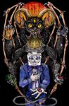  2017 2_tongues 4_fingers 6_arms 7_eyes animate_inanimate biped black_background black_fur black_tail blue_eyes bone bone_wings bow_tie brown_claws button_(fastener) captainkaprozyx claws clothed clothing contract creepy crown cup cuphead_(game) curved_horn demon dice digital_drawing_(artwork) digital_media_(artwork) duo ear_tuft evil_grin facial_hair forked_tongue front_view fur goatee grey_skin half-closed_eyes hi_res holding_cup horn humanoid humanoid_hands king_dice liquid long_tail looking_at_viewer male money multi_arm multi_eye multi_limb multi_tongue mustache not_furry nude object_head pants pointy_ears poker_chip purple_bottomwear purple_clothing purple_nose purple_spots purple_topwear red_eyes ridged_horn shiny simple_background smile spade_tail spots spotted_body standing suit sweater_vest tail_coil tan_horn the_devil_(cuphead) tongue tuft white_body wings yellow_sclera 