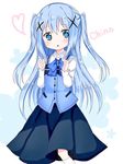  :o alternate_hairstyle bangs black_skirt blue_eyes blue_hair blue_neckwear blue_vest blush bow bowtie character_name clenched_hands collared_shirt commentary_request eyebrows_visible_through_hair gochuumon_wa_usagi_desu_ka? hair_between_eyes hair_ornament hands_up head_tilt heart kafuu_chino kneehighs long_hair long_sleeves looking_at_viewer parted_lips rabbit_house_uniform shika_(s1ka) shirt simple_background skirt solo two_side_up very_long_hair vest white_background white_legwear white_shirt x_hair_ornament 