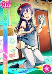  blue_hair blush character_name crayons dress eyes_closed long_hair love_live!_school_idol_festival overalls smile sonoda_umi 