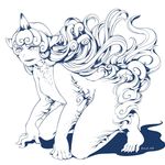  bad_id bad_twitter_id bangs barefoot claws curly_hair fangs flat_chest furry greyscale highres horn kneeling komainu komano_aun lineart long_hair monochrome nude open_mouth pointy_ears shiratama_(irodoli) simple_background slit_pupils solo toes touhou twitter_username very_long_hair white_background 