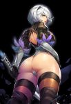  1girl ass black_footwear blue_eyes boots breasts feather-trimmed_sleeves from_behind from_below gloves gurimjang hair_over_one_eye hairband hand_on_hip highres hips huge_ass katana large_breasts leotard looking_back mole mole_under_mouth nier_(series) nier_automata profile shiny shiny_skin short_hair silver_hair solo sword thick_thighs thigh_boots thighhighs thighs thong thong_leotard weapon wide_hips yorha_no._2_type_b 
