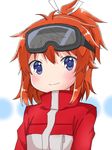  arms_at_sides bangs blue_eyes blush brown_hair closed_mouth commentary_request goggles goggles_on_head hair_between_eyes hair_ribbon high_ponytail jacket koshigaya_natsumi long_hair looking_at_viewer non_non_biyori red_jacket ribbon shika_(s1ka) sidelocks ski_goggles smile solo tareme upper_body white_ribbon winter_clothes 