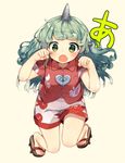  animal_ears bare_arms bare_legs buttons cloud_print curly_hair full_body geta green_eyes green_hair heart horn kariyushi_shirt komano_aun long_hair looking_at_viewer open_mouth paw_pose red_shirt shinoba shirt short_sleeves shorts solo touhou white_shorts 