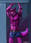  2017 abs anthro asher_tail belt bernard_(ok_k.o.!_lbh) biceps canine cartoon_network chest_tuft clothed clothing fur male mammal muscular nipples ok_k.o.!_let&#039;s_be_heroes pants pecs purple_fur purple_nipples solo teeth topless torn_clothing triceps tuft were werewolf 