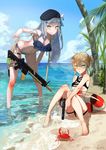  absurdres ass assault_rifle bad_id bad_pixiv_id barefoot beach bent_over beret bikini black_bikini blue_bikini blue_hair blue_sky blush braid breasts cleavage cloud crab day eyebrows_visible_through_hair girls_frontline green_eyes gun hair_ornament handgun hat highres hk416_(girls_frontline) holster horizon innertube light_brown_hair loncspace long_hair looking_at_viewer medium_breasts meme_attire multiple_girls navel outdoors rei_no_mizugi rifle short_hair short_twintails side-tie_bikini sitting sky swimsuit thigh_holster thigh_strap twintails underboob wading weapon welrod_mk2_(girls_frontline) 