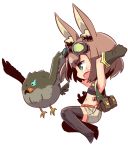  1girl :o animal animal_ear_fluff animal_ears arms_up bandeau bird black_bandeau boots brown_footwear brown_gloves brown_hair brown_legwear bunny_ears elbow_gloves full_body gloves glowing glowing_eye goggles goggles_on_head green_eyes green_vest hound_(sekaiju) naga_u open_clothes open_mouth open_vest profile sekaiju_no_meikyuu short_shorts shorts simple_background solo thigh_boots thighhighs vest white_background white_shorts 