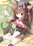  animal animal_on_head baseball bow brown_hair cat cat_on_head cat_teaser commentary_request doruji grass grey_skirt highres lennon little_busters! long_hair momoniku_(taretare-13) natsume_rin on_head pink_bow plaid plaid_skirt ponytail red_eyes school_uniform sitting skirt too_many too_many_cats 