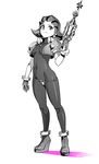  ankle_boots bodysuit boots breasts commentary cropped_jacket crotch_plate earrings full_body gloves greyscale hair_pulled_back holding holding_weapon jacket jewelry looking_at_viewer medium_breasts monochrome open_clothes open_jacket rockman rockman_dash short_hair short_sleeves signature simple_background skin_tight smile solo standing tron_bonne typo_(requiemdusk) weapon white_background 