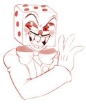  2017 animate_inanimate biped blush bow_tie bust_portrait button_(fastener) clothed clothing cuphead_(game) dice digital_drawing_(artwork) digital_media_(artwork) evil_grin facial_hair fangs front_view gloves half-closed_eyes hi_res humanoid hybrid king_dice line_art looking_away male maxineverything monochrome mustache not_furry object_head open_mouth open_smile portrait red_and_white red_eyes simple_background smile solo spotted_body suit tongue two_tone_body vampire white_background 
