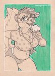  2017 anthro breasts chewycuticle cleavage clothed clothing decius dessert eyewear female food glasses green_background ice_cream licking mammal navel open_mouth panties restricted_palette simple_background skunk slightly_chubby tongue tongue_out traditional_media_(artwork) underwear 
