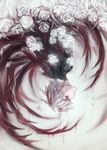  avodkabottle blood blood_drip claws commentary flower from_side highres kaneki_ken male_focus parted_lips profile red_eyes rose solo tokyo_ghoul upside-down white_flower white_hair white_rose 
