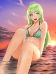  :d ahoge arm_support bangs bikini blush breasts evening flower foreshortening green_bikini green_eyes green_hair hair_flower hair_ornament idolmaster idolmaster_million_live! idolmaster_million_live!_theater_days kitagawa_onitarou long_hair looking_at_viewer medium_breasts open_mouth outdoors partially_submerged shimabara_elena sitting smile solo sunset swimsuit wet 