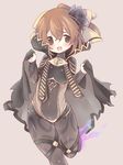  :d alternate_costume beige_background blush bow brown_eyes brown_hair cape covered_navel dyute_(fire_emblem) fang fire_emblem fire_emblem_echoes:_mou_hitori_no_eiyuuou flower hair_flower hair_ornament long_hair open_mouth ponytail simple_background smile solo teu_(navy) 
