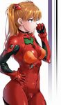  bangs blue_eyes bodysuit breasts brown_hair closed_mouth covered_nipples cowboy_shot from_side hair_between_eyes hand_on_hip hand_up lips long_hair medium_breasts neon_genesis_evangelion plugsuit red_bodysuit solo souryuu_asuka_langley teoshiguruma two_side_up 