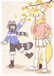  :d ^_^ adapted_costume animal_ears arm_up autumn_leaves blonde_hair boots closed_eyes commentary common_raccoon_(kemono_friends) extra_ears fang fennec_(kemono_friends) fox_ears fox_tail fukodesu fur-trimmed_shorts fur-trimmed_sleeves fur_trim grey_hair hand_on_hip kemono_friends leg_warmers long_sleeves multicolored_hair multiple_girls open_mouth pleated_skirt print_scarf raccoon_ears raccoon_tail scarf short_hair shorts skirt smile tail v-shaped_eyebrows waving white_hair white_skirt yellow_scarf 