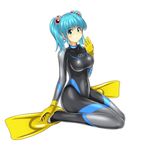  blue_eyes blue_hair bodysuit breasts commentary_request flippers gloves hair_bobbles hair_ornament highres kawashiro_nitori large_breasts looking_at_viewer md5_mismatch short_hair shoukin500 sitting skin_tight smile solo touhou twintails two_side_up wariza wetsuit 
