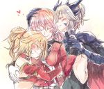  artoria_pendragon_(all) artoria_pendragon_(lancer_alter) bare_shoulders blonde_hair braid breasts closed_eyes fate/apocrypha fate/grand_order fate_(series) florence_nightingale_(fate/grand_order) french_braid girl_sandwich gloves hand_on_another's_head heart holding_hands hug medium_breasts mirui mordred_(fate) mordred_(fate)_(all) mother_and_daughter multiple_girls pink_hair ponytail sandwiched sketch smile underboob white_gloves yuri 
