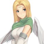  angel_wings arms_at_sides blonde_hair blue_eyes breasts closed_mouth commentary_request detached_sleeves facial_mark forehead_mark green_scarf long_hair looking_at_viewer medium_breasts miura-n315 scarf signature simple_background smile solo upper_body urtoriy utawareru_mono utawareru_mono:_itsuwari_no_kamen white_background wings 