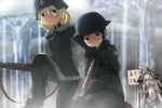  2girls :d :o animal_ears black_gloves black_hair bleeding blonde_hair blood blue_eyes blurry blurry_background blush_stickers brodie_helmet chito_(shoujo_shuumatsu_ryokou) commentary_request crossover furry genya_(genya67) gloves gun hand_on_another's_shoulder hat helmet highres holding holding_gun holding_weapon long_hair looking_at_hand made_in_abyss military military_uniform monster_girl multiple_girls nanachi_(made_in_abyss) open_mouth rifle short_hair shoujo_shuumatsu_ryokou sign smile spine stahlhelm sweatdrop translated uniform weapon white_hair yuuri_(shoujo_shuumatsu_ryokou) 