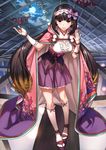  bat black_hair blush bow brown_hair cloud day fate/grand_order fate_(series) fingerless_gloves floral_print full_body full_moon gloves gradient_hair hair_bow hole hole_in_ceiling kneehighs long_hair looking_at_viewer low_twintails moon moriyama_daisuke multicolored_hair osakabe-hime_(fate/grand_order) purple_bow purple_eyes purple_skirt ribbon_trim sandals skirt solo standing twintails very_long_hair white_legwear 